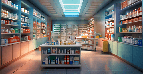 Usine du secteur pharmaceutique avec des bouteilles colorées